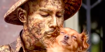 Perrito trabaja con su dueño como estatua callejera