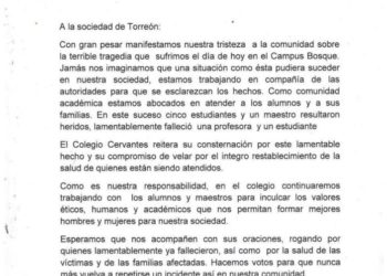 Colegio Cervantes lamenta los hechos acontecidos