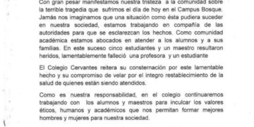 Colegio Cervantes lamenta los hechos acontecidos