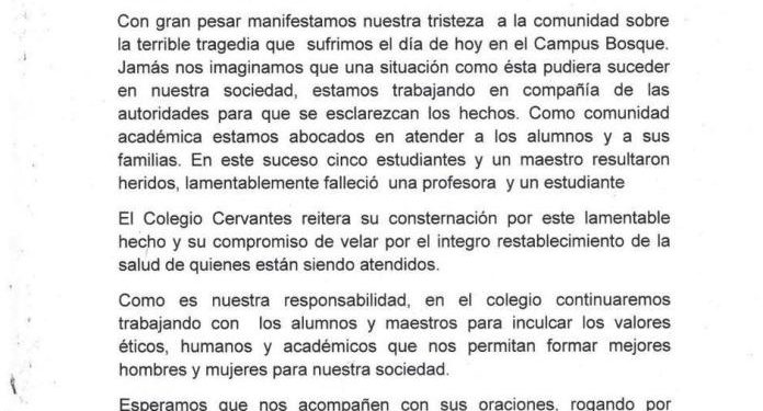 Colegio Cervantes lamenta los hechos acontecidos