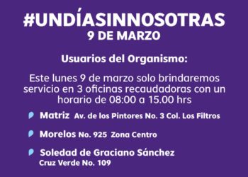 Abrirán tres oficinas de INTERAPAS por paro nacional #UnDíaSinNosotras