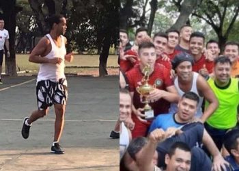 Ronaldinho juega al fútbol en la prisión
