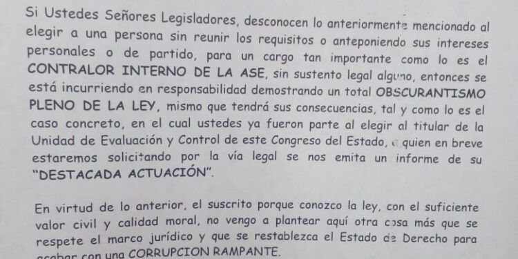 Hacen señalamiento legal en Comisión de Vigilancia por elección de Contralor de la ASE
