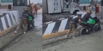 Motociclistas no pagan caseta y atascan en cemento fresco