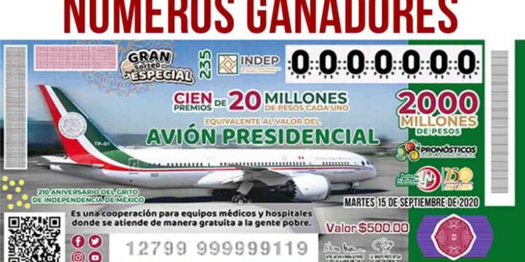 Números ganadores del sorteo al equivalente del avión presidencial