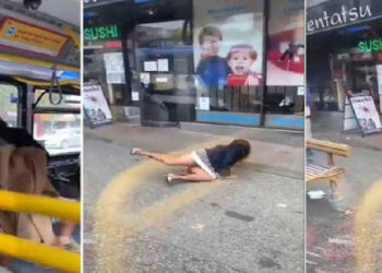 Mujer furiosa porque le piden ponerse cubrebocas escupe en la cara a un joven, termina tirada en la calle