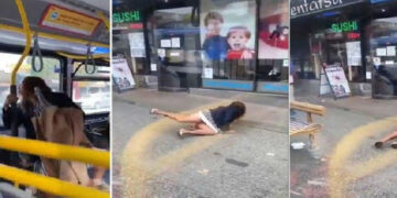 Mujer furiosa porque le piden ponerse cubrebocas escupe en la cara a un joven, termina tirada en la calle