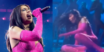Dua Lipa sufre caída en pleno show y evidencia playback