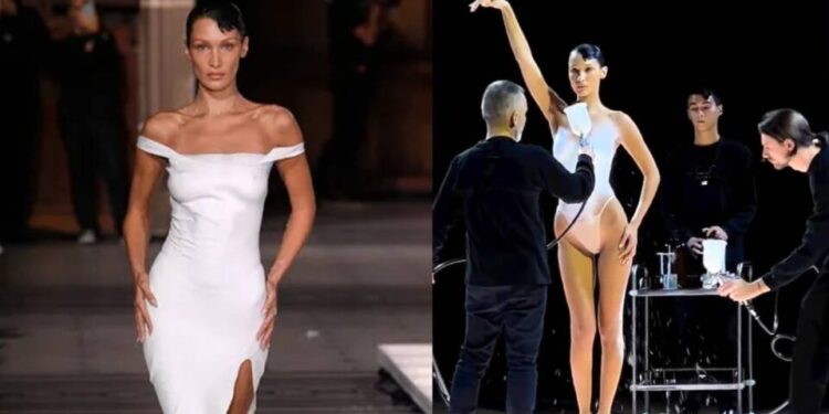 Vídeo: ¡Sorprendente! Bella Hadid sorprende con su vestido hecho con aerosol en  pasarela de París