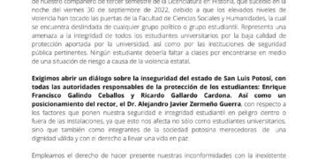 Estudiantes de la Facultad de Ciencias Sociales y Humanidades de la UASLP también exigen seguridad