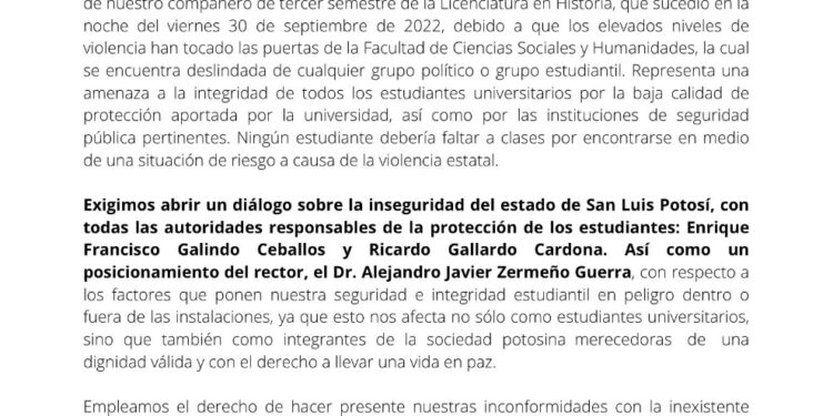 Estudiantes de la Facultad de Ciencias Sociales y Humanidades de la UASLP también exigen seguridad