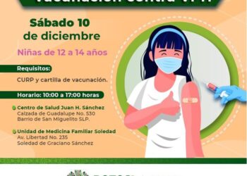 Este sábado se aplicará la vacuna contra el VPH para niñas de SLP