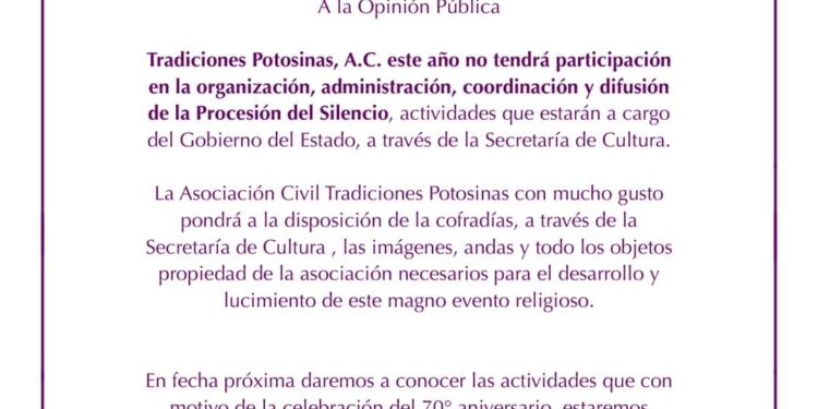 Tradiciones Potosinas ya no organizará la Procesión del Silencio
