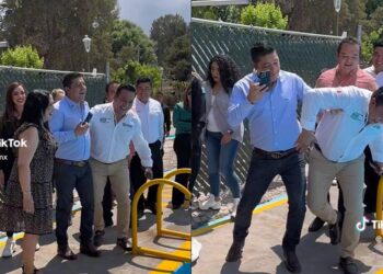 VIDEO: ¡Casi no la libra! Gallardo intenta tirar a la alberca al secretario de Gobierno de SLP