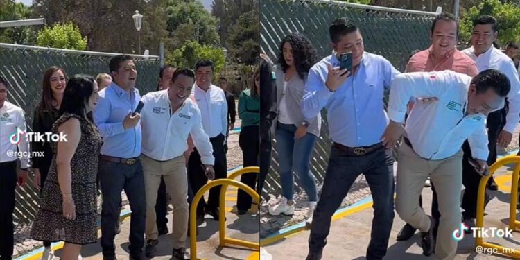VIDEO: ¡Casi no la libra! Gallardo intenta tirar a la alberca al secretario de Gobierno de SLP