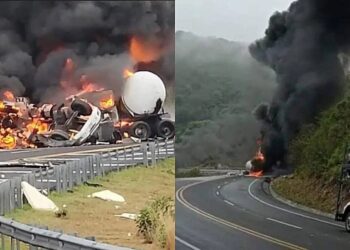 Se incendia pipa cargada de combustible tras choque con camión en autopista de SLP
