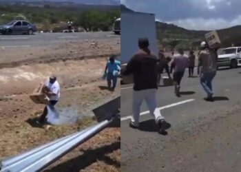 VIDEO: Rapiña de jabón se hace presente en Carretera 57 de SLP tras choque de tráiler