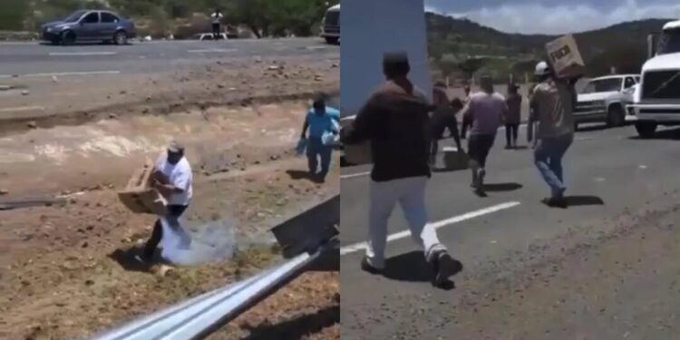 VIDEO: Rapiña de jabón se hace presente en Carretera 57 de SLP tras choque de tráiler