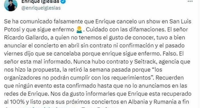 “Cuidado con las difamaciones, el señor está mal informado…” Desmienten a Gallardo en redes de Enrique Iglesias