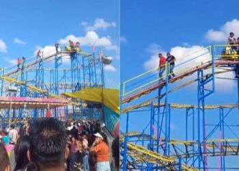 VIDEO: Quedan varados en montaña rusa tras falla mecánica en la Fenapo