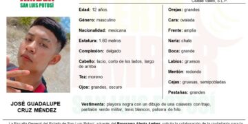 Activan Alerta Amber en SLP para localizar a niño de 12 años reportado como desaparecido