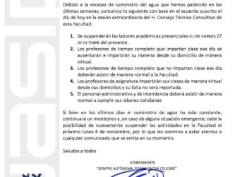Por falta de agua suspenden clases presenciales en al FCSyH