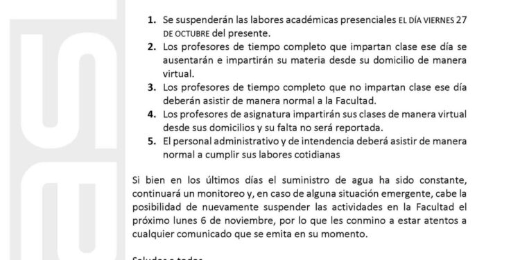 Por falta de agua suspenden clases presenciales en al FCSyH