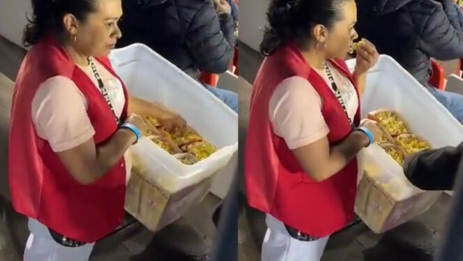 VIDEO: ¡No se comió solo una! Vendedora de palomitas disfruta partido de Liga MX