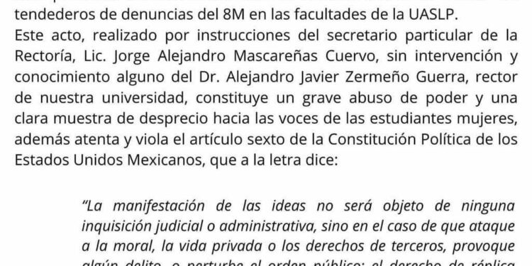 Universitarios protestan por el retiro de tendederos de denuncia del #8M