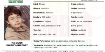 Fiscalía activa Alerta Amber para localizar a un adolescente en SLP