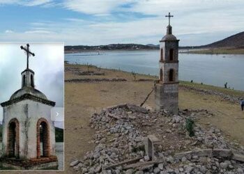 Sequía extrema deja al descubierto capilla en la presa “La Muñeca”