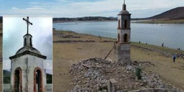 Sequía extrema deja al descubierto capilla en la presa “La Muñeca”