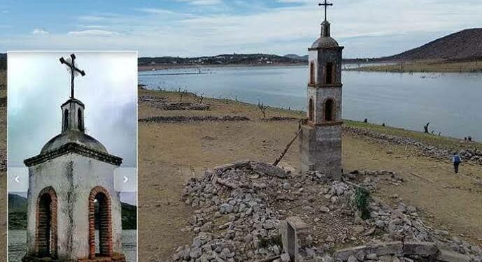 Sequía extrema deja al descubierto capilla en la presa “La Muñeca”