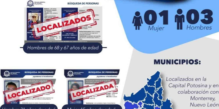 La FGE de San Luis Potosí localiza a cuatro personas reportadas como no localizadas