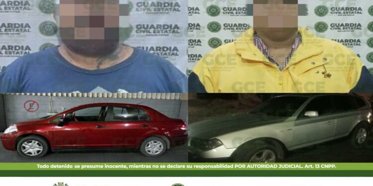 Aseguran cinco unidades con reporte de robo y detienen a dos personas por Guardia Civil Estatal