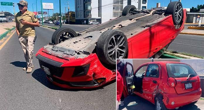 Susto en la carretera a Matehuala: Choque y volcadura terminan sin heridos graves, pero con fuertes daños materiales