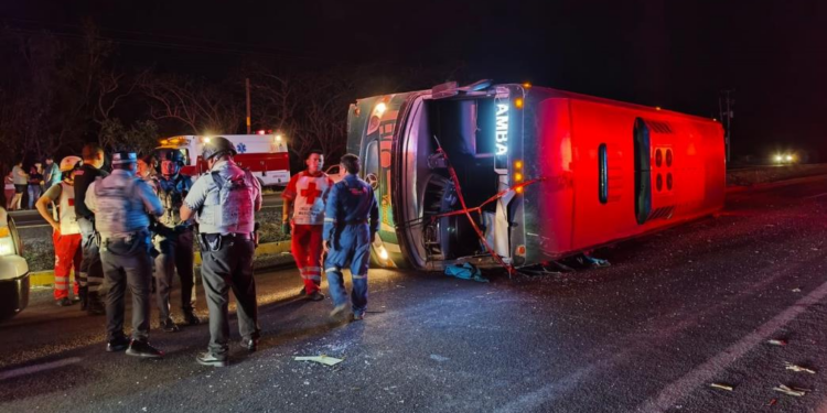 Chofer de autobús pierde el control y vuelca en carretera