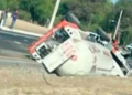 Aparatosa volcadura de pipa de gas LP en la carretera a México