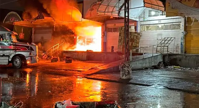 Bodega en la Central de Abastos de SLP se incendia por completo
