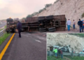 Tráiler sufre volcadura en la carretera a México y paraliza el tráfico por horas