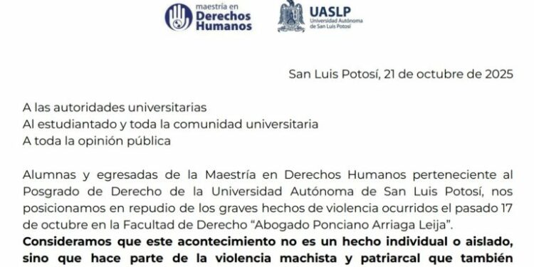 Alumnas y egresadas de la Maestría en Derechos Humanos repudian violencia sexual en la Facultad de Derecho de la UASLP