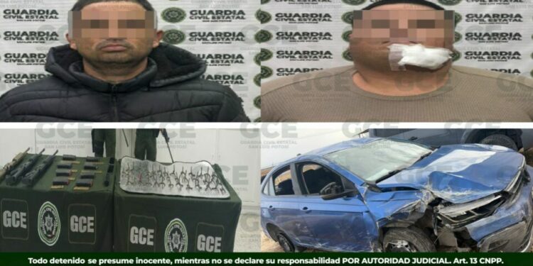 Guardia Civil Estatal detiene a dos hombres armados tras persecución en Matehuala; aseguran armas y “poncha llantas”