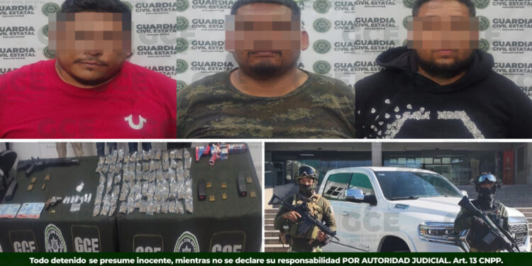 Guardia Civil Estatal detiene a tres personas en Villa de Reyes; aseguran armas, droga y vehículo