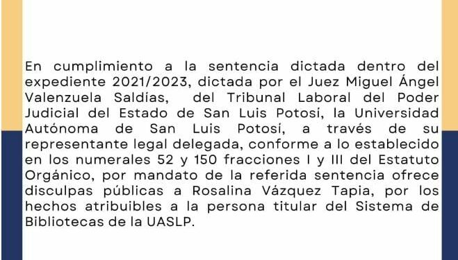 La UASLP se disculpa con Rosalina Vázquez