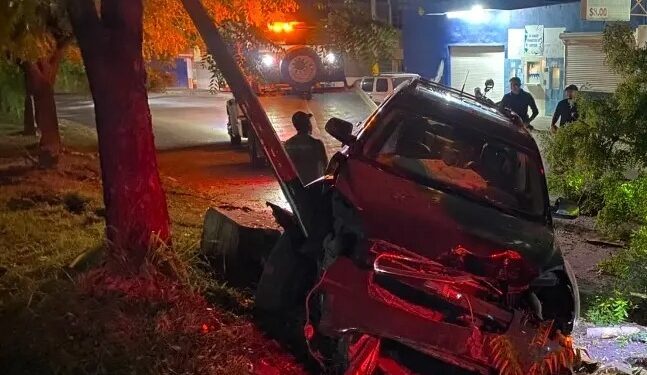 Camioneta choca contra poste y árbol; conductor abandona la unidad
