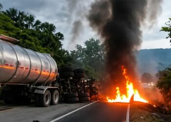 Pipa vuelca y se incendia en la Valles-Rayón