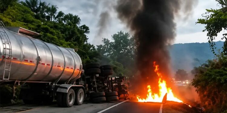Pipa vuelca y se incendia en la Valles-Rayón